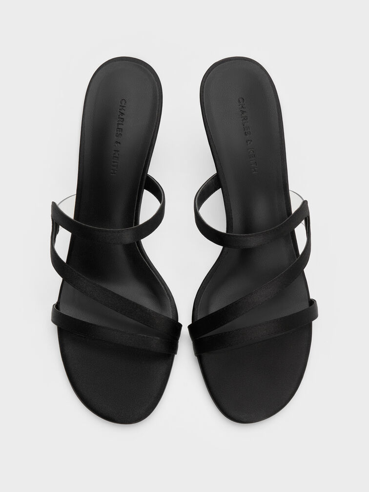 Arden Satin Wavy Heeled Mules, Black Textured, hi-res