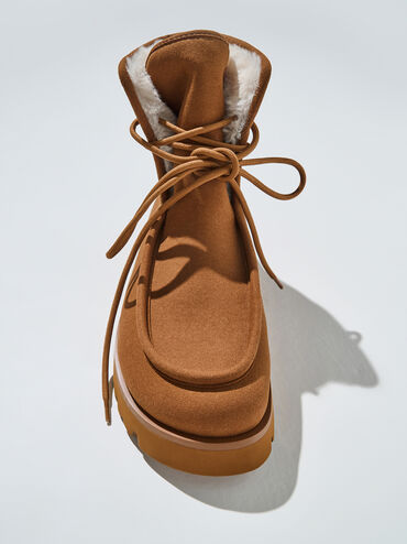 حذاء بوت للكاحل مبطن بالفرو وبنعل مضلع, بني, hi-res