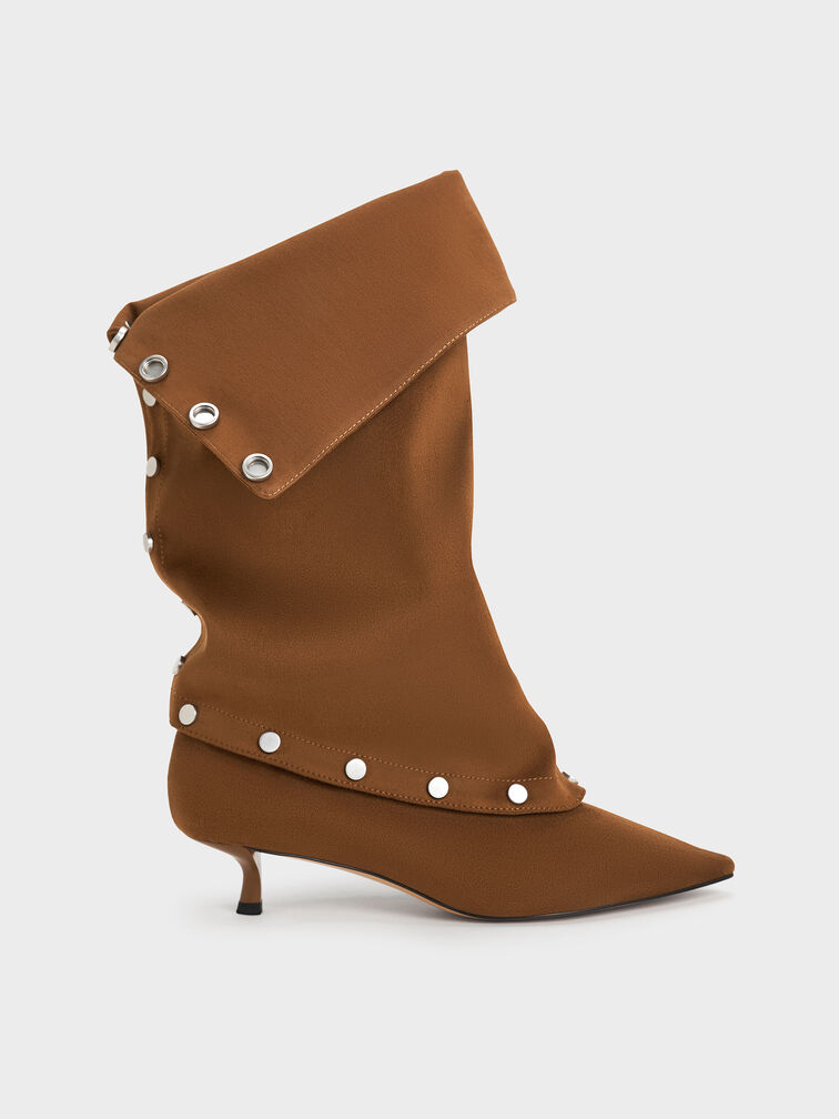 Gael Faux Suede Studded Convertible Kitten-Heel Knee-High Boots, Brown, hi-res