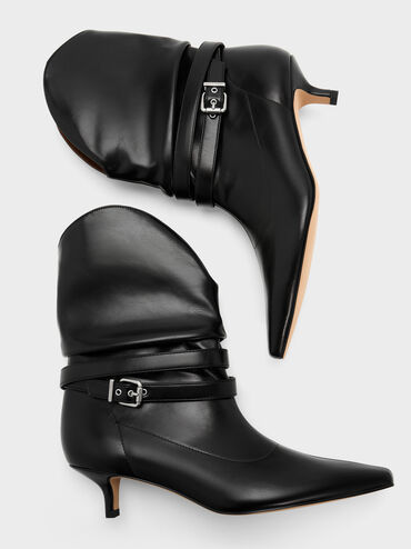 Karter Pointed-Toe Ruched Buckled Kitten-Heel Boots, Black, hi-res