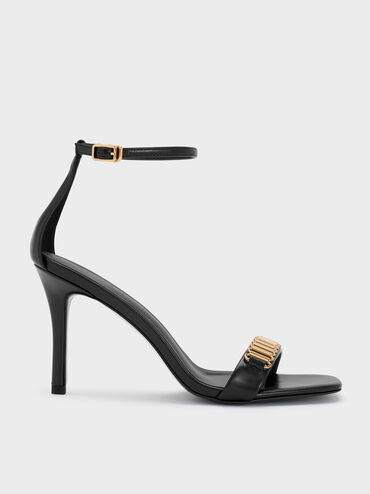 Metallic-Accent Heeled Sandals, Black, hi-res