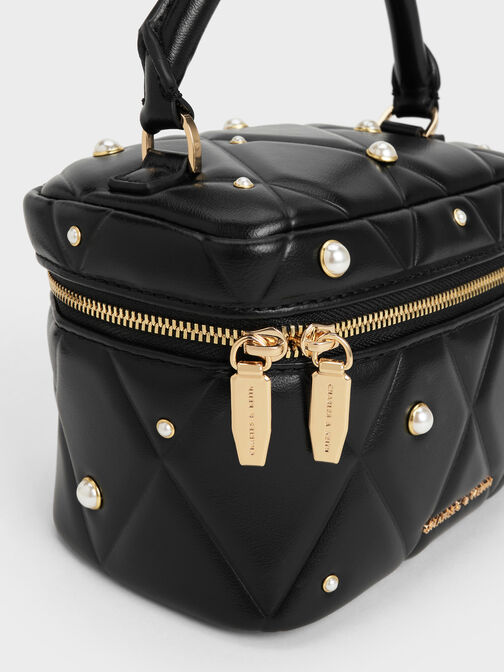 حقيبة فانيتي أروين مبطنة مزينة باللؤلؤ بمقبض علوي, أسود, hi-res