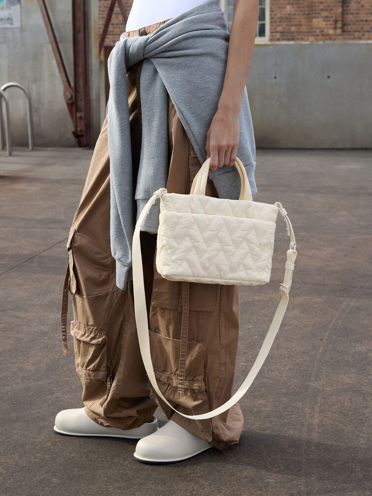 Nylon Chevron Boxy Tote Bag, Cream, hi-res