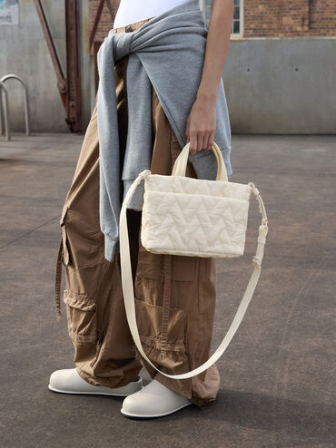 Nylon Chevron Boxy Tote Bag, Cream, hi-res