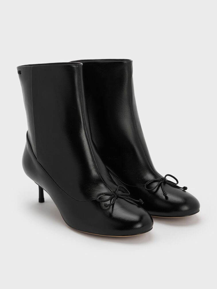 Aretha Leather Bow Kitten-Heel Calf Boots, Black, hi-res