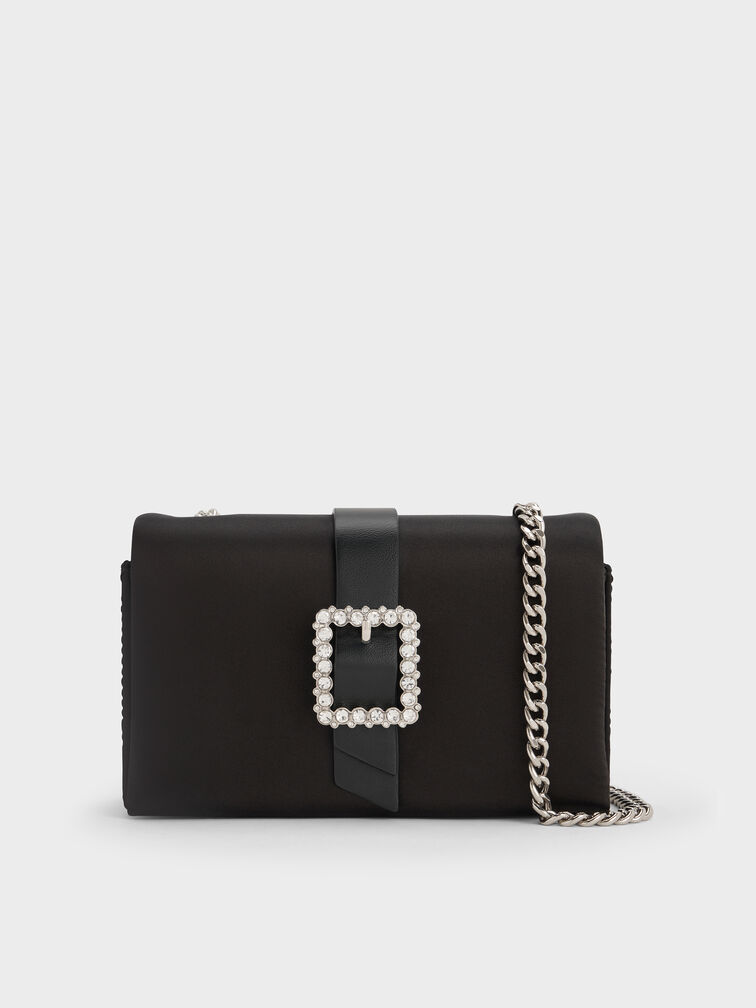 Satin Crystal-Buckle Belted Chain-Handle Bag, Noir, hi-res