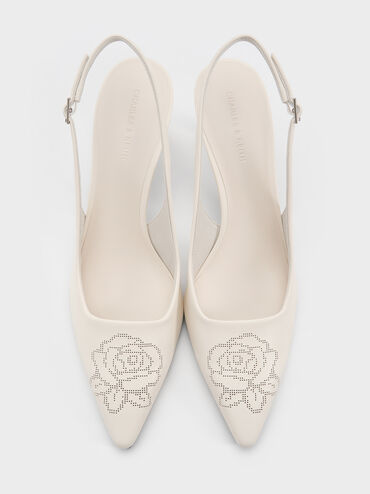 حذاء بامب بمقدّمة مدبّبة بكعب كيتن مفتوح من الخلف بتفاصيل ورد مثقّب, أبيض طباشيري, hi-res