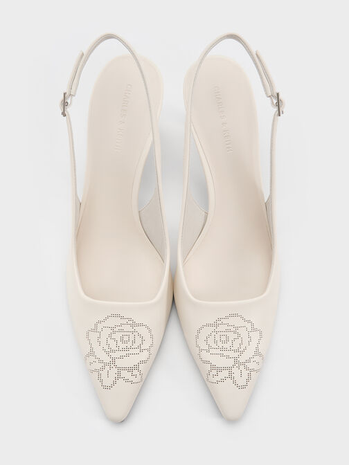 حذاء بامب بمقدّمة مدبّبة بكعب كيتن مفتوح من الخلف بتفاصيل ورد مثقّب, أبيض طباشيري, hi-res