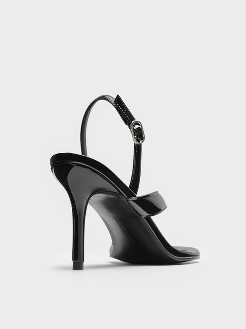 صندل ثونغ لامع مكشوف طراز (ثونغ) وكعب ستيليتو وحزام خلفي, أسود براق, hi-res