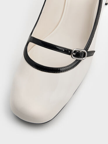 حذاء ماري جين بحزام مزدوج وحواف متباينة, أبيض, hi-res