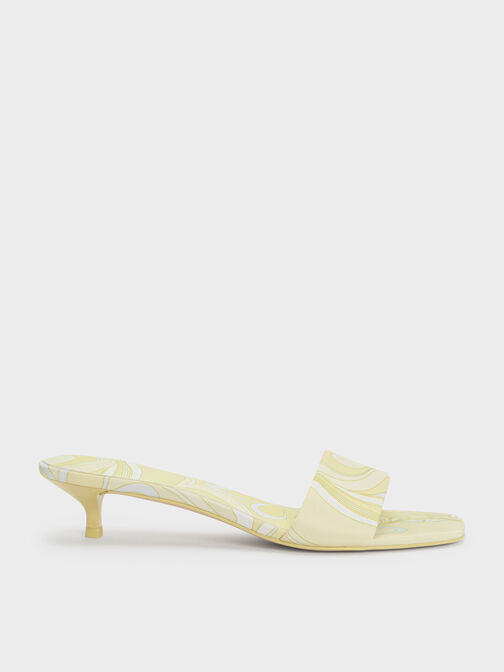 Swirl-Print Kitten-Heel Mules, Yellow, hi-res