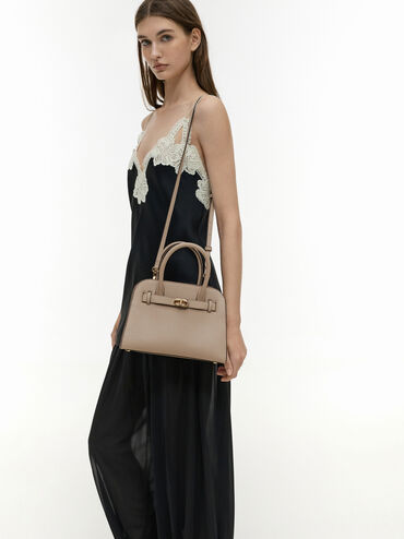 Aubrielle Belted Tote Bag, Taupe, hi-res