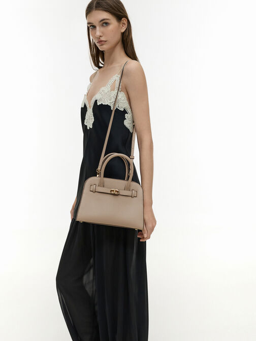 Aubrielle Belted Tote Bag, Taupe, hi-res