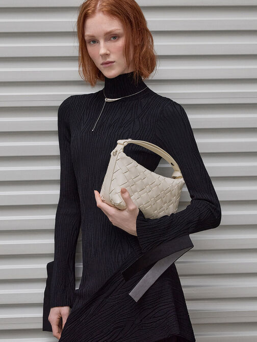 حقيبة كتف إيفيت بتصميم منسوج, كريمي, hi-res