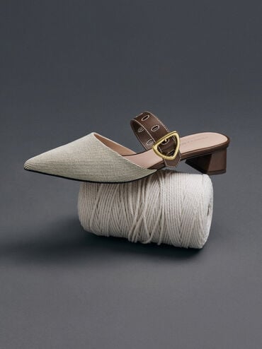 صندل مولز بكعب عالٍ سيفي تويل بإبزيم بلمسة معدنية ومقدمة مدببة, بني, hi-res