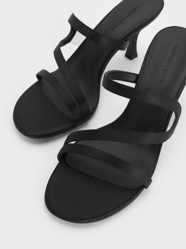 Arden Satin Wavy Heeled Mules, Black Textured, hi-res