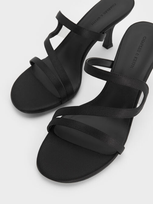 Arden Satin Wavy Heeled Mules, Black Textured, hi-res