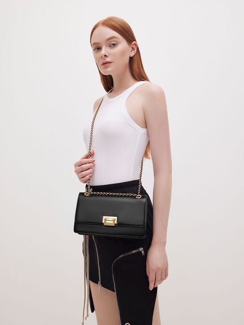 حقيبة كتف بحمالة مضفرة, أسود, hi-res