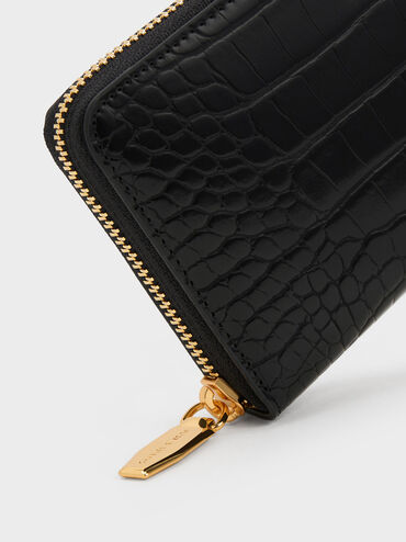 Dulcie Croc-Effect Zip-Around Long Wallet, Black, hi-res