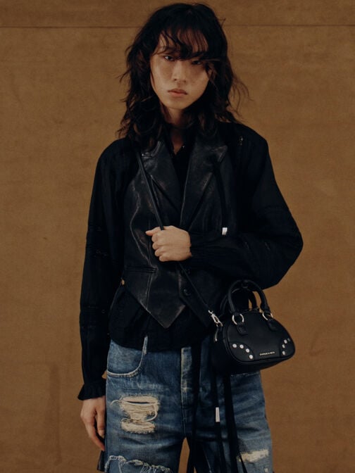 شنطة يد بوببي مزينة بدبابيس, أسود كلاسيكي, hi-res