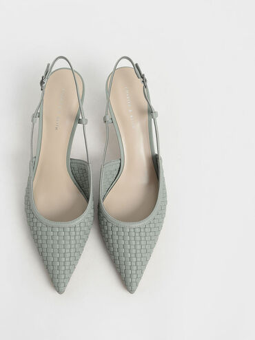 Woven Slingback Pumps, Sage Green, hi-res