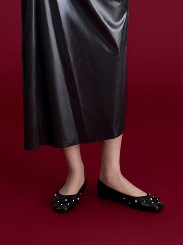 أحذية باليه باربرا مزينة باللؤلؤ وعقدة فيونكة, أسود, hi-res