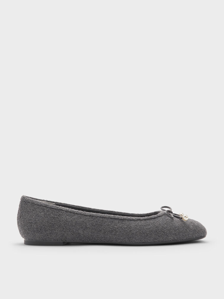 Barbara Felt Pearl-Bow Ballet Flats, Grey, hi-res