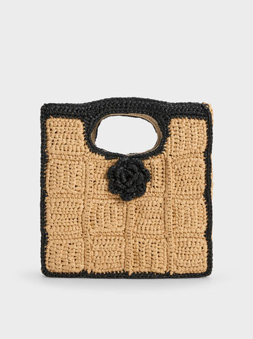 Raffia Flower Top Handle Bag, Multi, hi-res