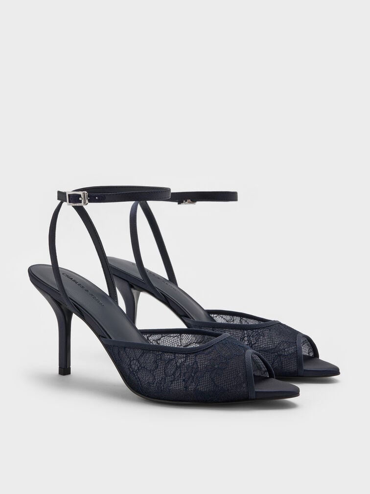 Lace & Satin Peep-Toe Heels, Dark Blue, hi-res