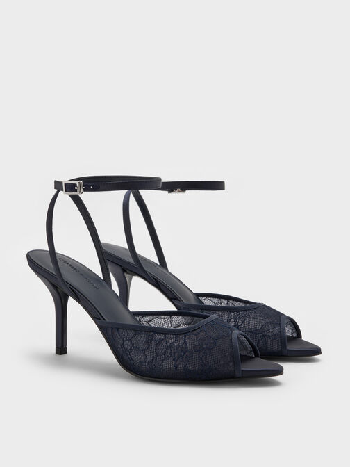 Lace & Satin Peep-Toe Heels, Dark Blue, hi-res