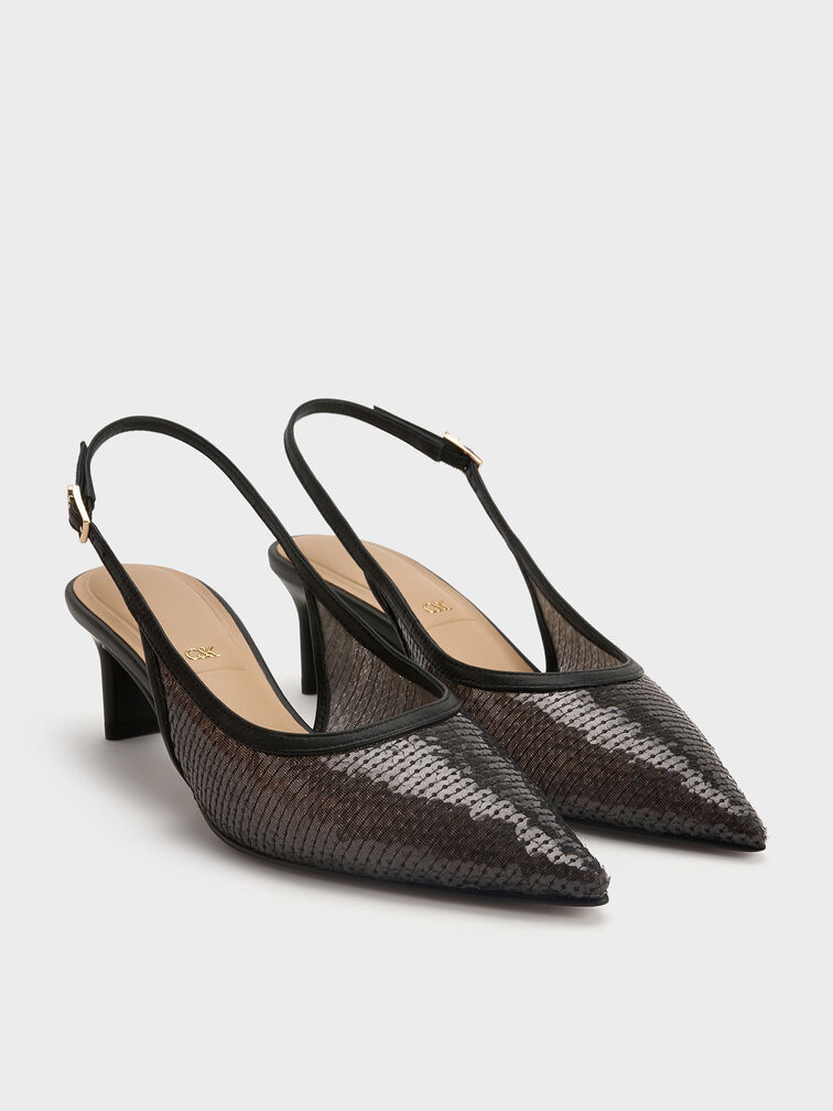 Sequin Mesh & Leather Slingback Kitten Heels, Black Textured, hi-res
