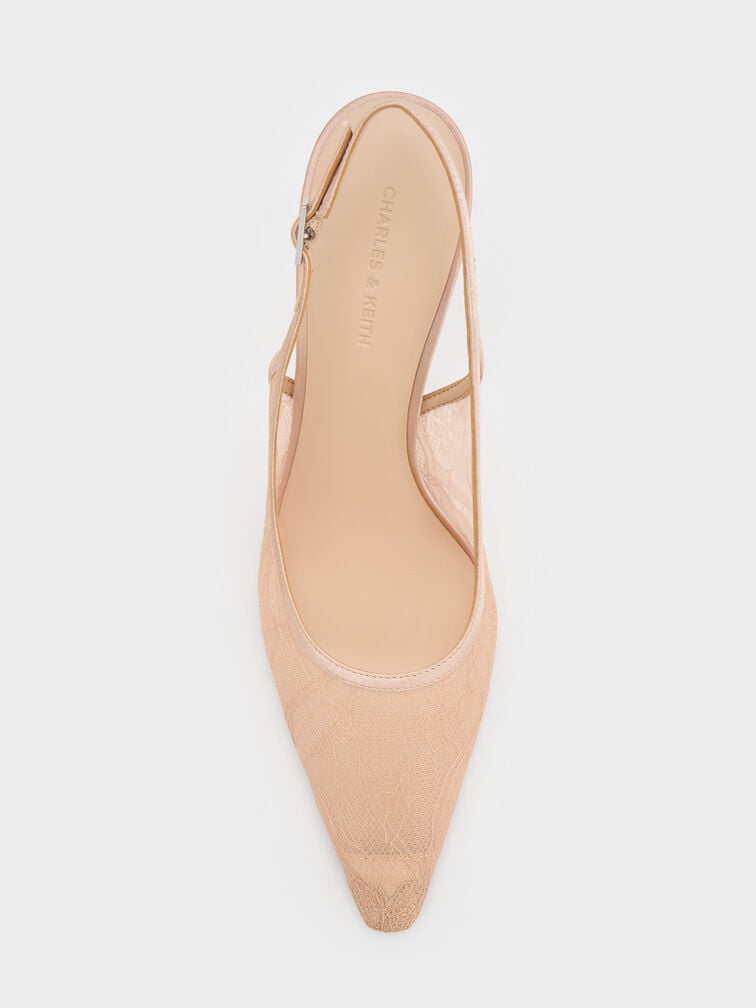 حذاء من الدانتيل والساتان مفتوح من الخلف بكعب (بامبس), لون البشرة الطبيعي, hi-res