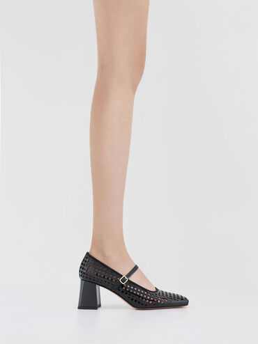 حذاء ماري جين بفتحات من الجلد اللامع بمقدمة مربعة وكعب مربع, أسود براق, hi-res