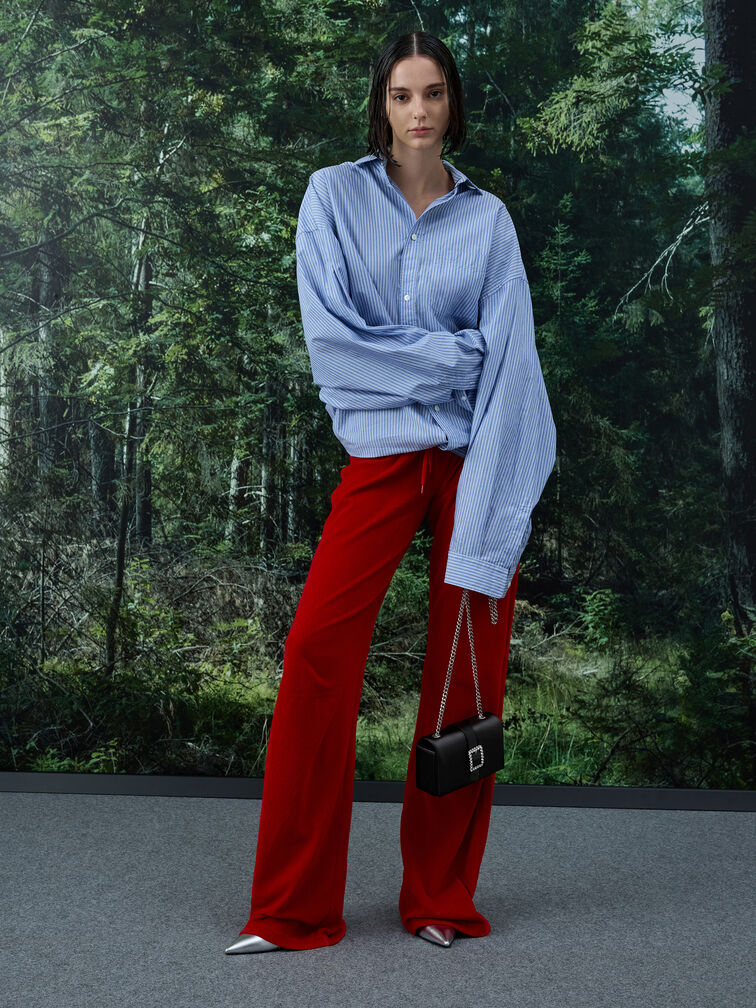 Satin Crystal-Buckle Belted Chain-Handle Bag, Noir, hi-res