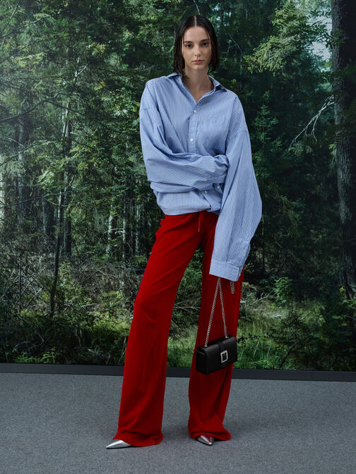 Satin Crystal-Buckle Belted Chain-Handle Bag, Noir, hi-res