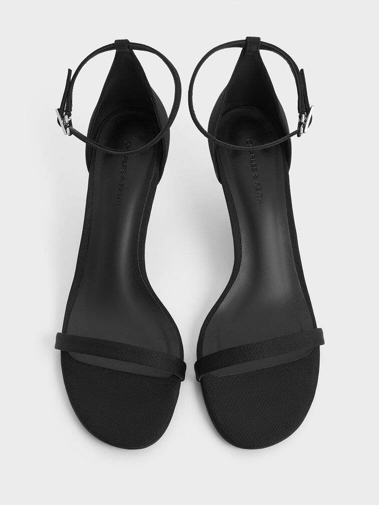 صندل من القماش المضلع بكعب رفيع وحزام حول الكاحل, أسود خشن, hi-res