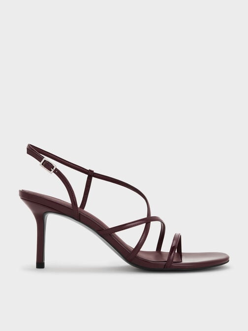 Patent Strappy Stiletto-Heel Slingback Sandals, Maroon, hi-res