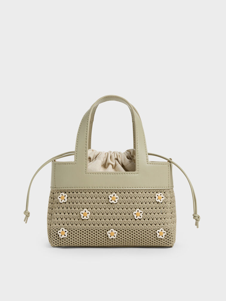 Girls' Ida Flower Knitted Mini Bag, Pale Olive, hi-res