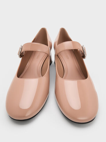 Jannie Patent Crystal-Buckle Mary Jane Pumps, Nude, hi-res