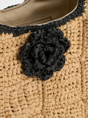 Raffia Flower Top Handle Bag, Multi, hi-res