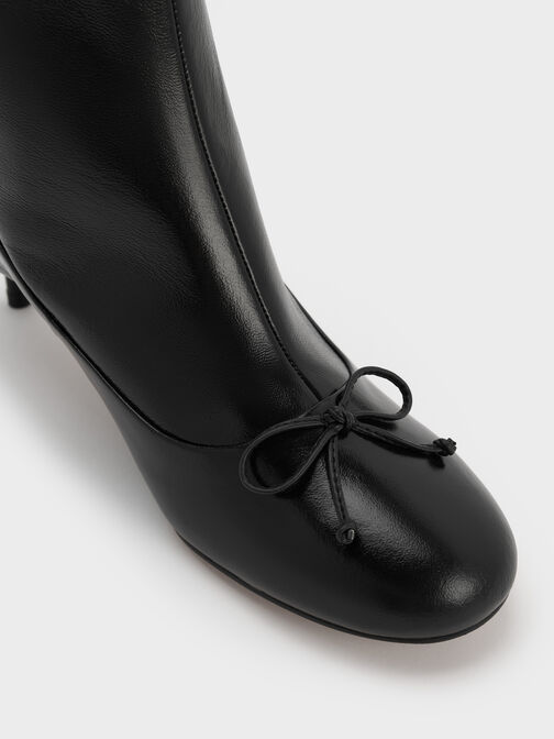 Aretha Leather Bow Kitten-Heel Calf Boots, Black, hi-res