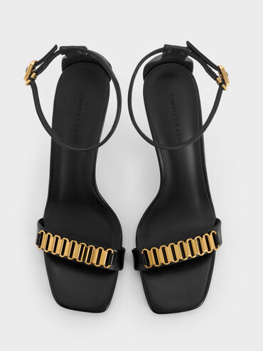 Metallic-Accent Heeled Sandals, Black, hi-res