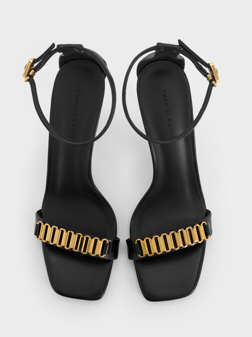 Metallic-Accent Heeled Sandals, Black, hi-res