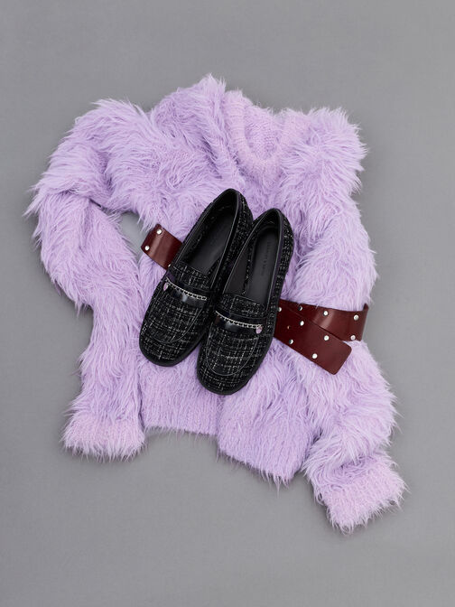 لوفر تويد بسلسلة مجدولة وإكسسوار معدني, أسود خشن, hi-res