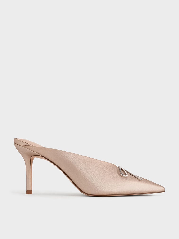 Crystal-Bow Pointed-Toe Heeled Mules, Nude, hi-res