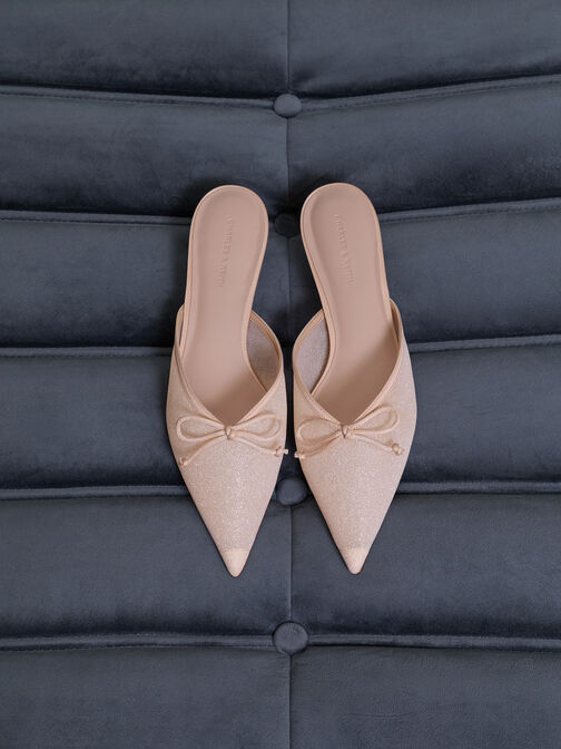 Glittered Mesh Bow Kitten Heels, Pink, hi-res