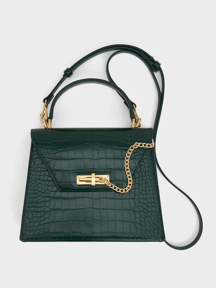 Samantha Croc-Effect Envelope Top Handle Bag, Dark Green, hi-res