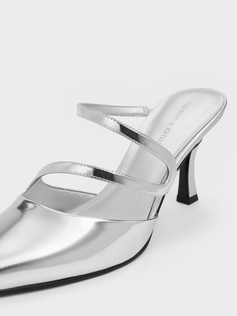 Arden Metallic Pointed Wavy Heeled Mules, Silver, hi-res