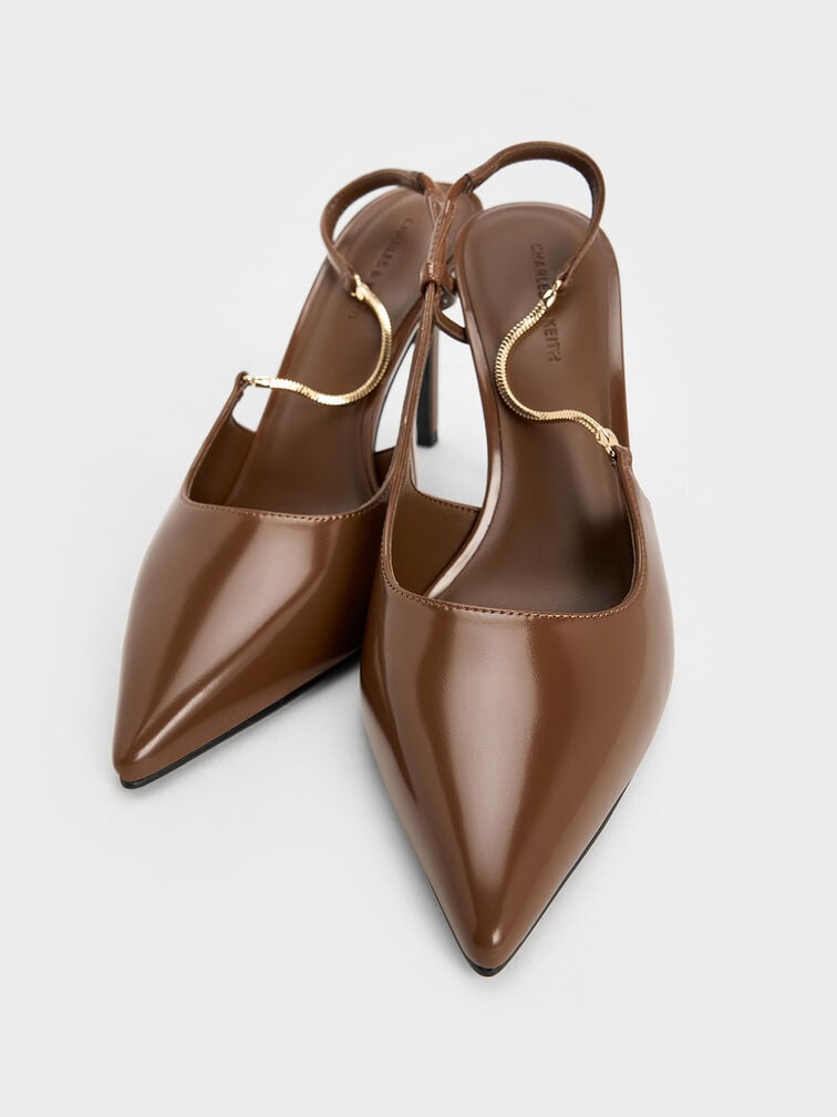 Chain-Strap Pointed-Toe Slingback Pumps, Brown, hi-res