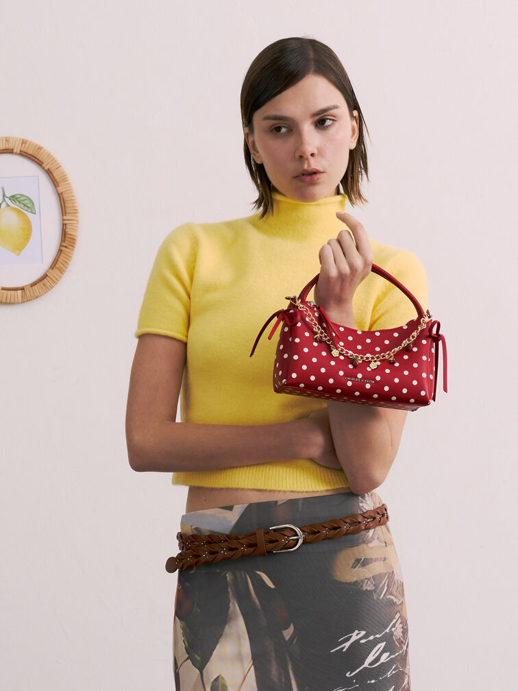 حقيبة هازل بمقبض علوي وفيونكة ونقشة منقطة, أحمر كلاسيكي, hi-res